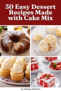 Collage of 4 recipes using cake mix, including apple bundt cake, lemon crinkle cookies, strawberry poke cake, and coconut cupcakes. Text overlay reads "30 easy desserts made with cake mix."