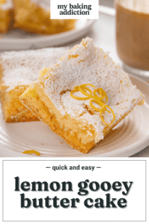 Two slices of lemon gooey butter cake arranged on a white plate. Text overlay includes recipe name.