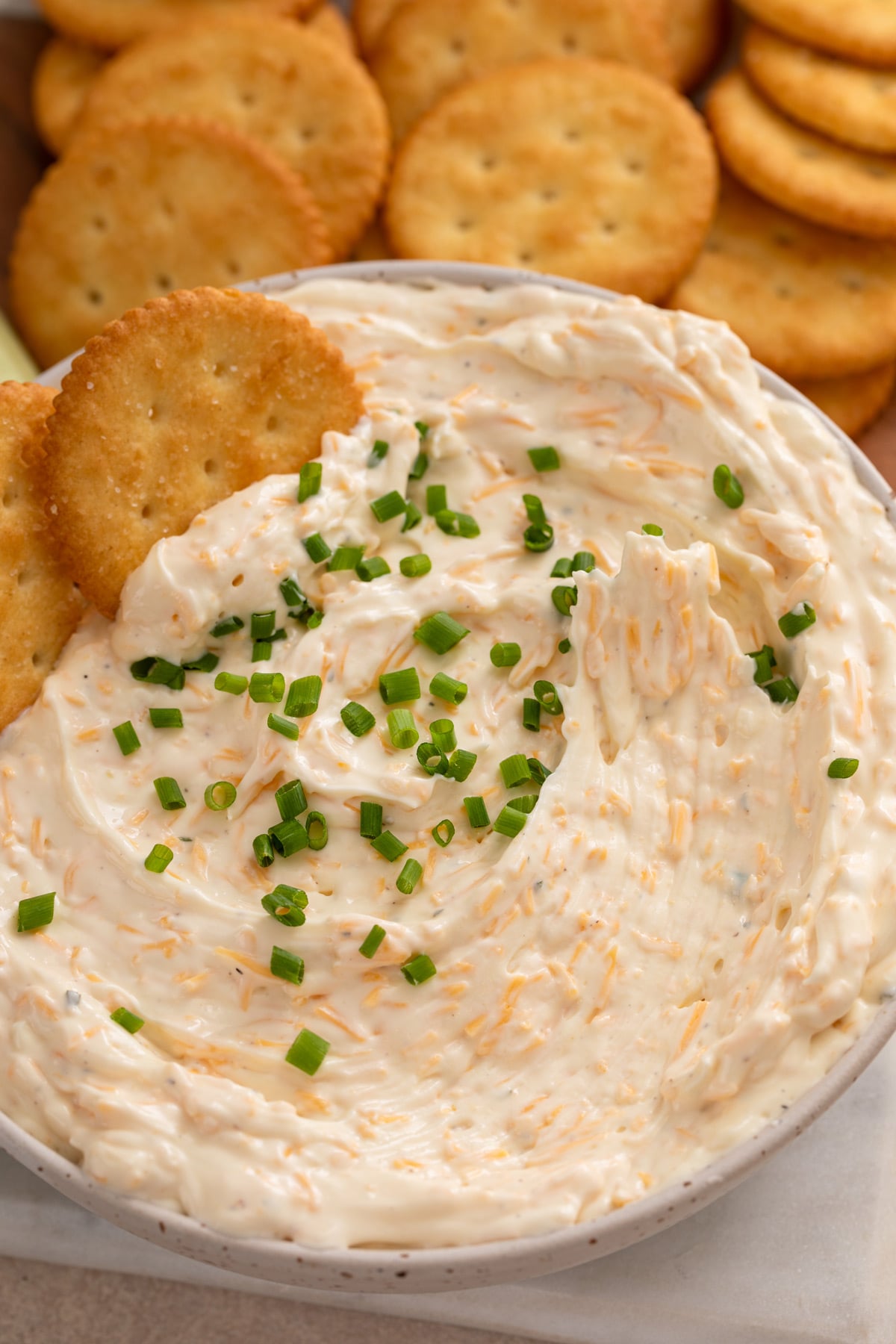 Cracker in a bowl of ranch beer cheese dip.