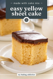 Bite taken from a plated slice of yellow sheet cake with chocolate frosting. Text overlay includes recipe name.