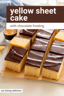 Slices of yellow sheet cake with chocolate frosting on a countertop. Text overlay includes recipe name.