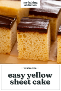 Close up of the side of a slice of yellow sheet cake with chocolate frosting to show the tender crumb. Text overlay includes recipe name.