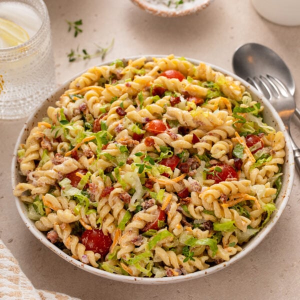 BLT Pasta salad in a white serving bowl.