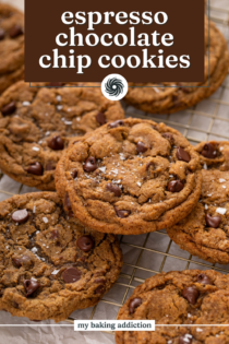 Close up of espresso chocolate chip cookies arranged on a wire rack. Text overlay includes recipe name.