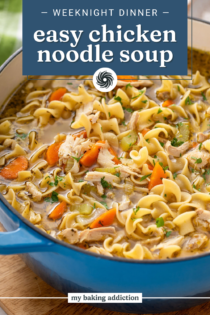 Blue dutch oven filled with easy chicken noodle soup. Text overlay includes recipe name.
