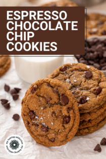 Four espresso chocolate chip cookies stacked by a glass of milk with a fifth cookie leaning against the stack. Text overlay includes recipe name.