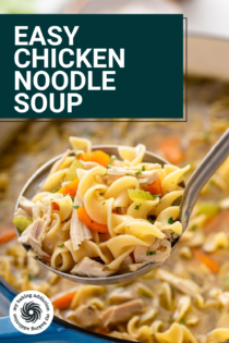 Ladle holding a serving of easy chicken noodle soup. Text overlay includes recipe name.