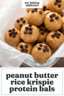 Peanut butter protein balls arranged in a storage container. Text overlay includes recipe name.