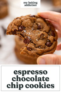 Hand holding up an espresso chocolate chip cookie with a bite taken from it. Text overlay includes recipe name.