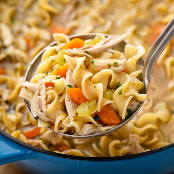 Easy chicken noodle soup being scooped up by a ladle.