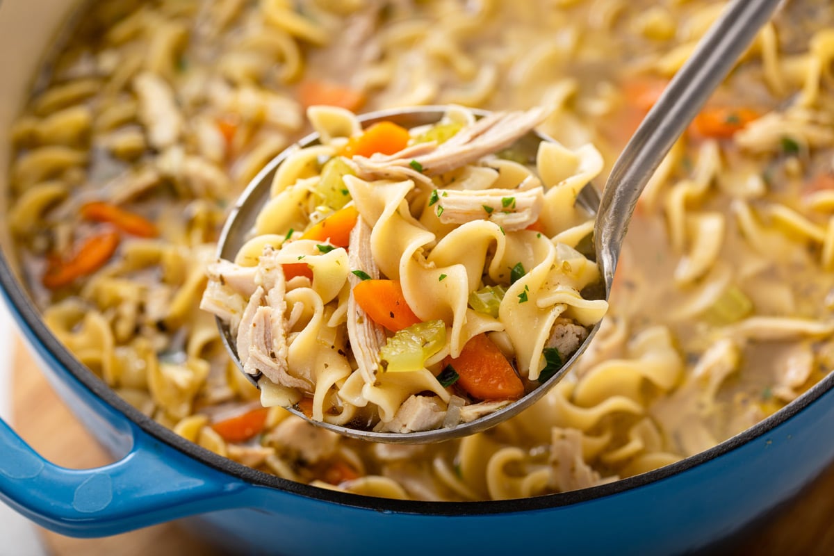 Ladle holding a serving of easy chicken noodle soup.