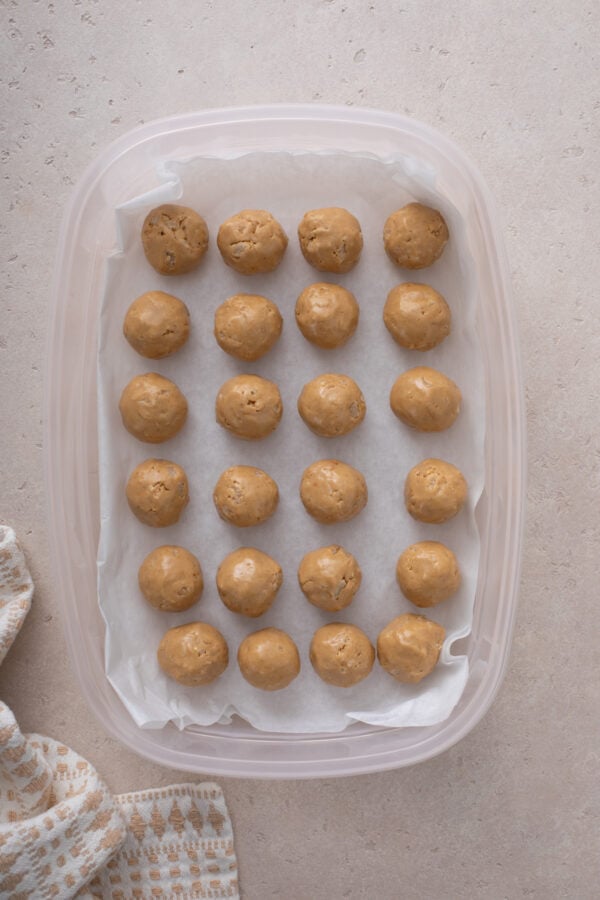 Peanut butter protein balls rolled into balls and lined up in a parchment-lined storage container.