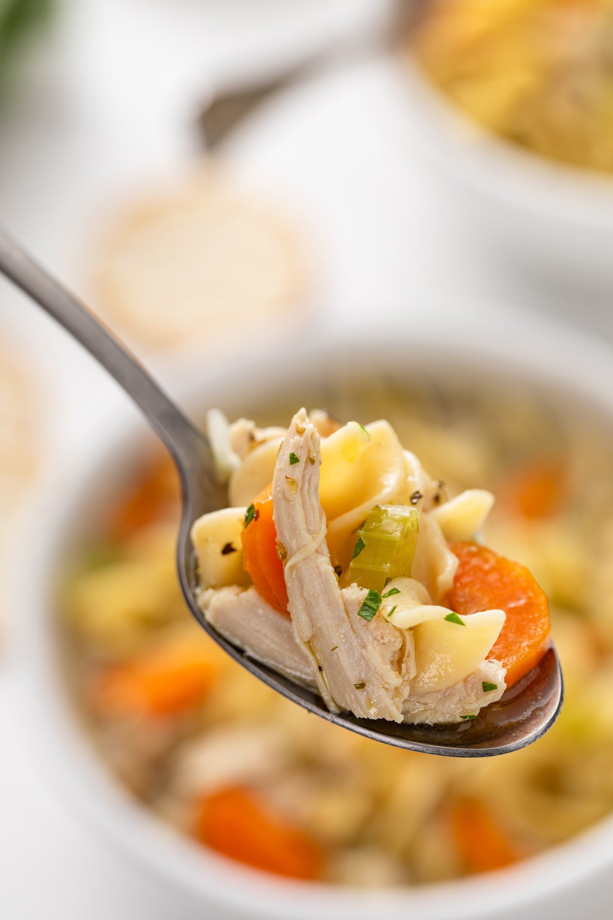 Spoon holding up a bite of easy chicken noodle soup.
