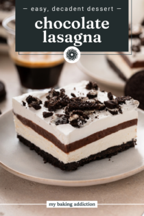 Side view of layered chocolate pudding dessert on a white plate. Text overlay includes the name "chocolate lasagna."