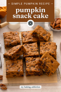 9 slices of pumpkin chocolate chip snack cake arranged on a piece of parchment paper over a wire rack. Text overlay includes recipe name.