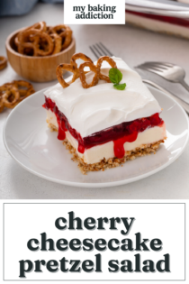 Plated slice of cherry cheesecake pretzel salad. Text overlay includes recipe name.