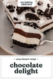 Fork cutting a bite from the corner of a plated slice of layered chocolate pudding dessert. Text overlay includes the name "chocolate delight."