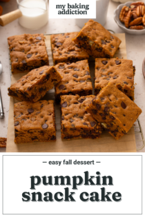 9 slices of pumpkin chocolate chip snack cake arranged on a piece of parchment paper over a wire rack. Text overlay includes recipe name.