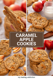 Collage of 4 images of caramel apple cookies with the recipe name as a text overlay.