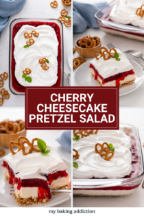 Four images of cherry cheesecake pretzel salad. Text overlay includes recipe name.