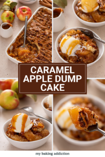 Four images of caramel apple dump cake. Text overlay includes recipe name.