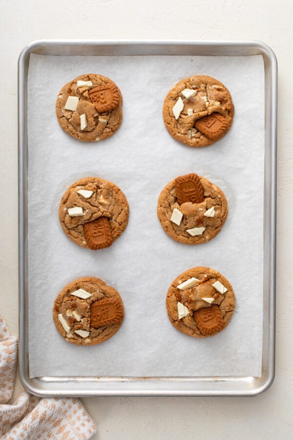6 baked cookie butter cookies cooling on a parchment-lined baking sheet.