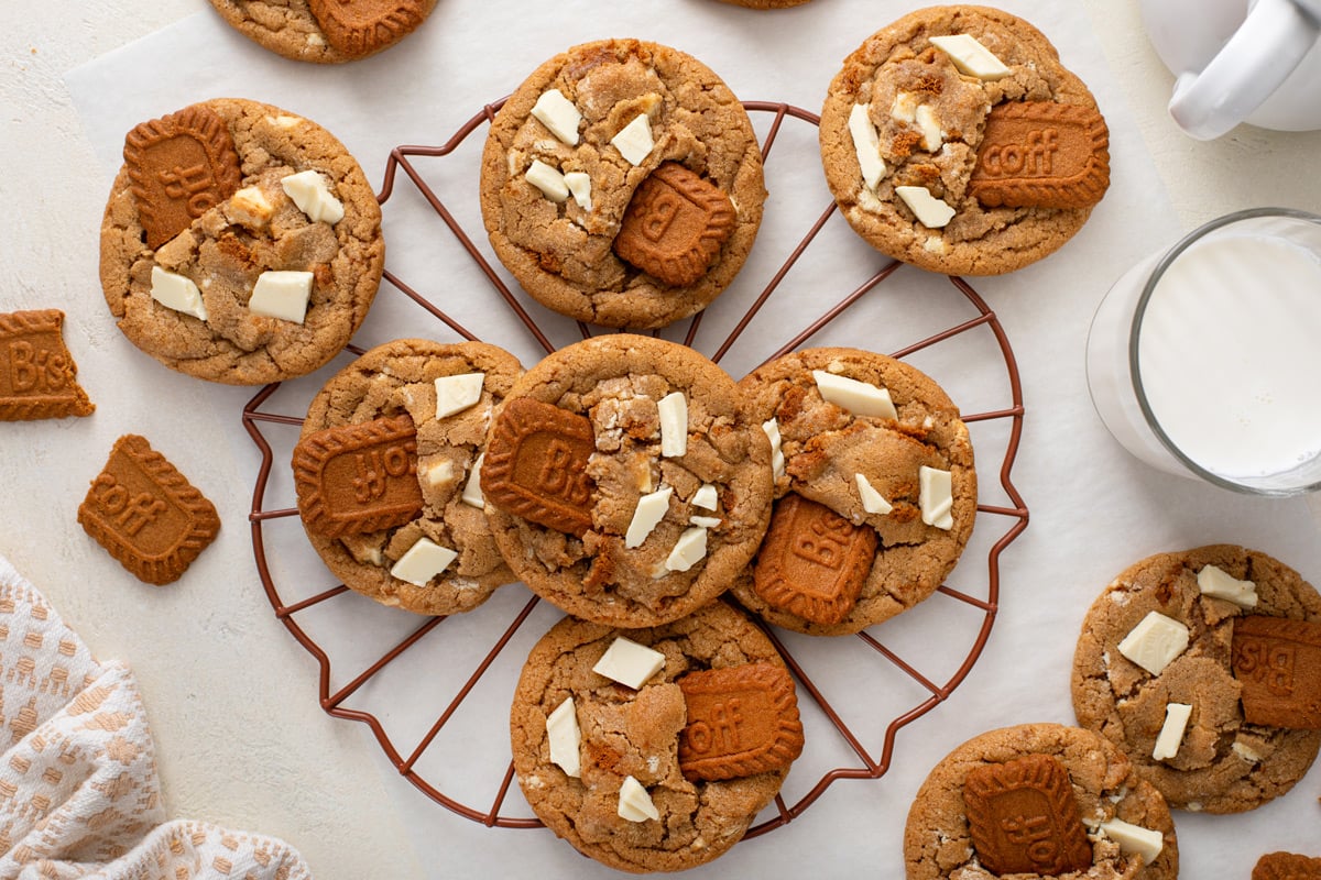 Overhead view of cookie butter cookies scattered on a wire rack.