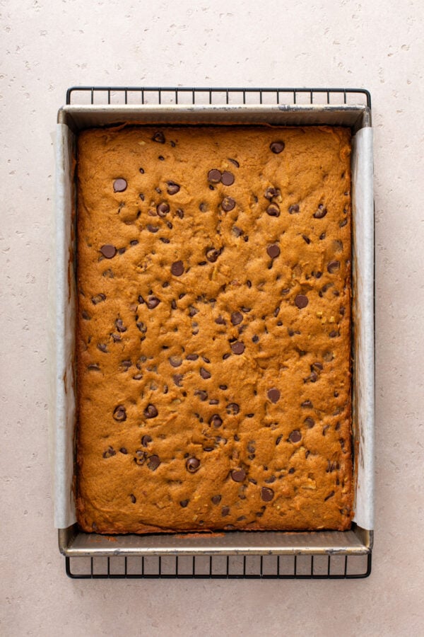 Baked pumpkin chocolate chip snack cake cooling in the pan.