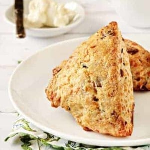 Two bacon chocolate scones on a plate